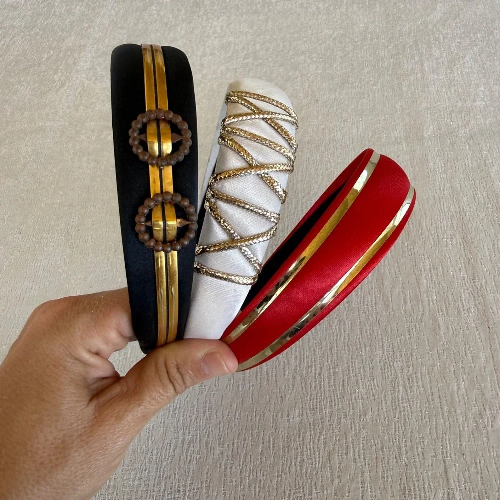 Vintage Black Satin Gold Trim Headband Beaded Mod Retro‎ Hair Accessory